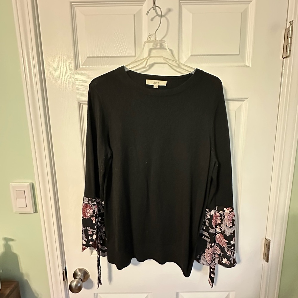 LOFT Black Long Sleeve Top with Floral Details
